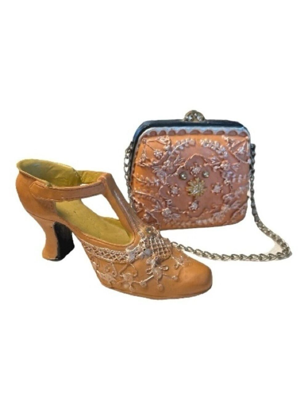 Nostalgia If the Shoe Fits Miniature Pump Purse Peach Lace Embroidery
